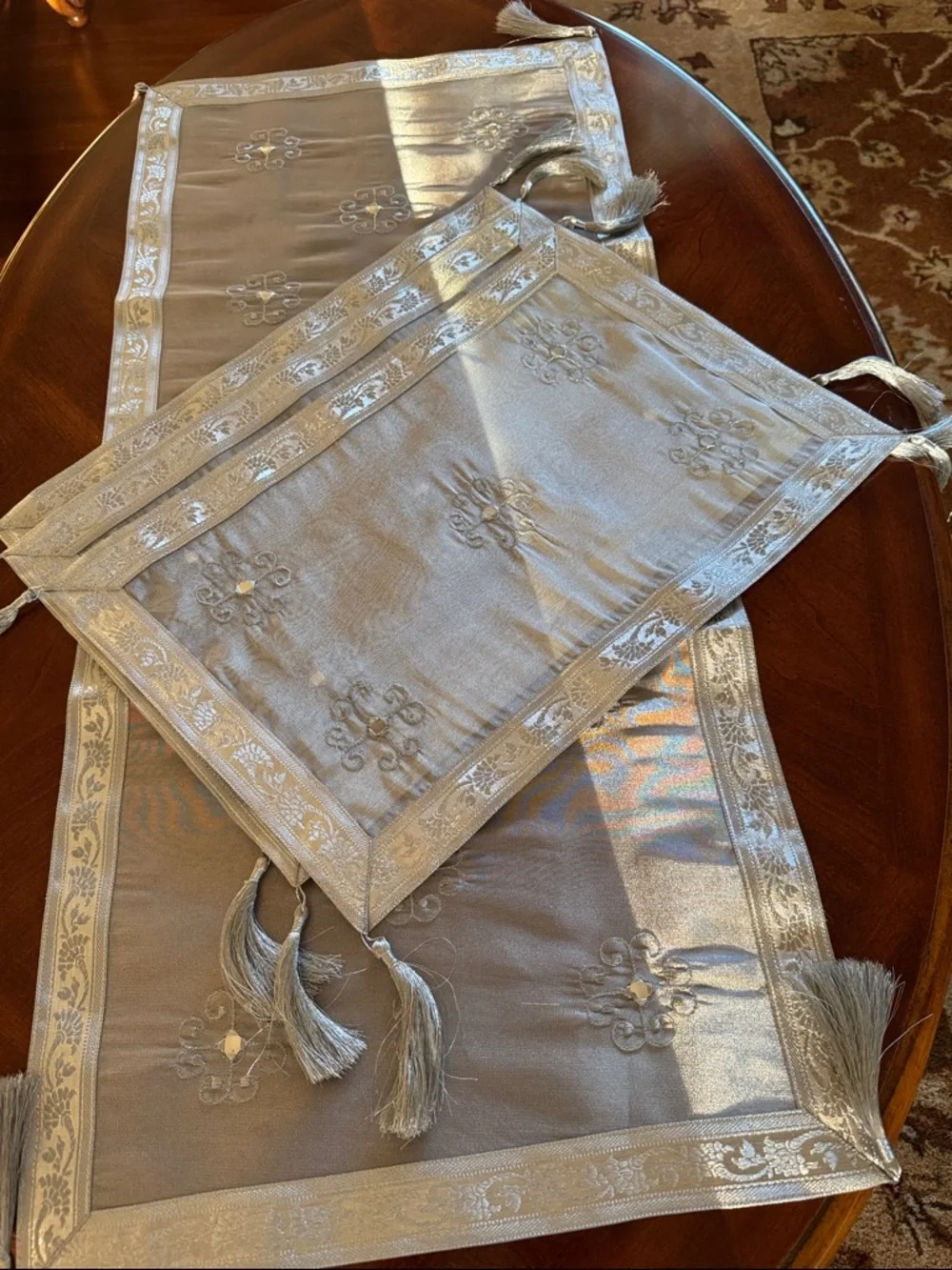 Silver Embroidered Table Runner with Tassels and Three Table Topper Set of 4